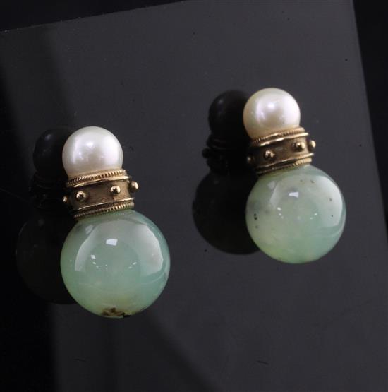 A pair of 14ct gold, cultured pearl and green chalcedony bead earrings,